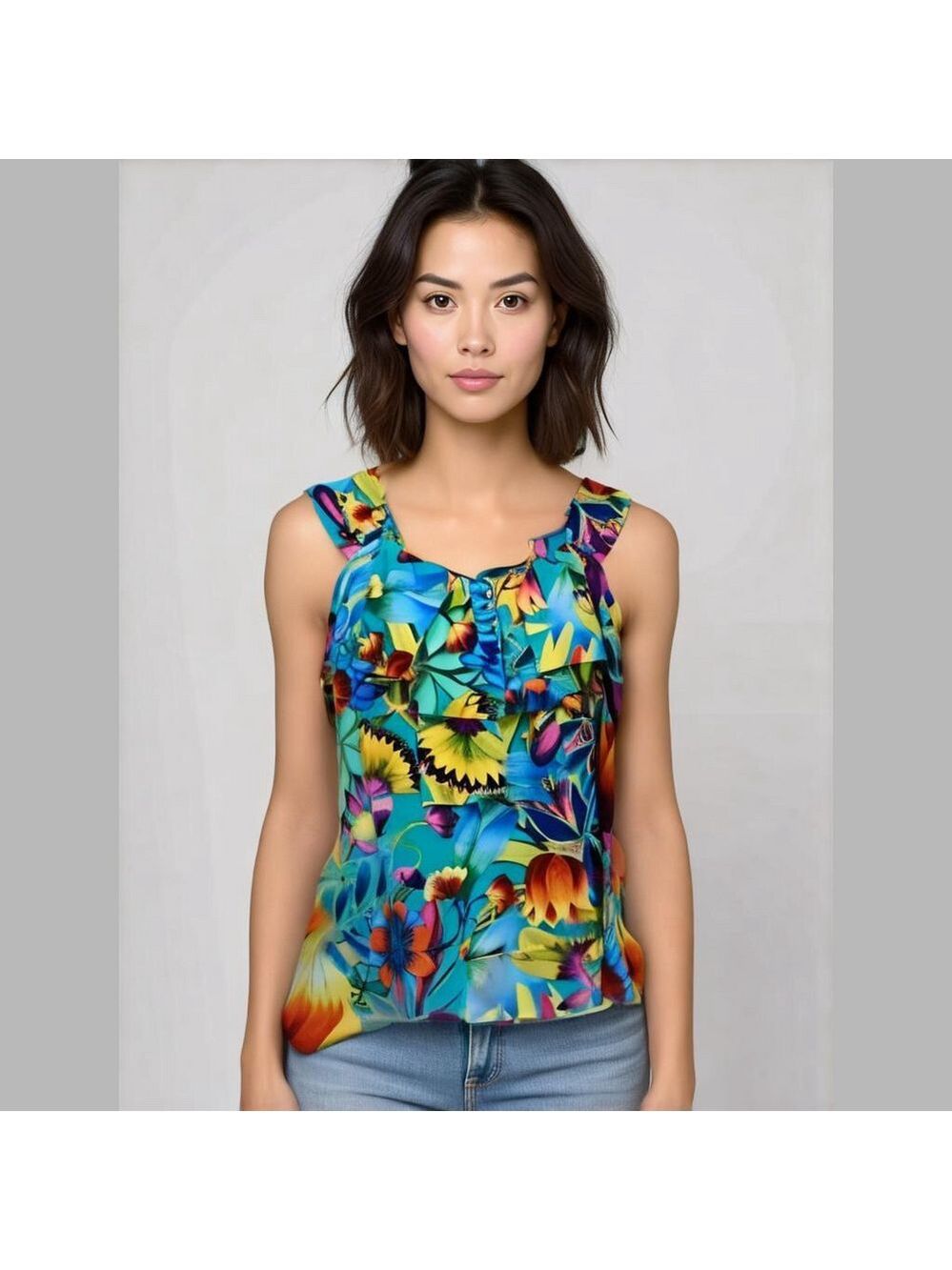Spense Tropical Blue Floral Sleeveless Summer Blouse Sz Large